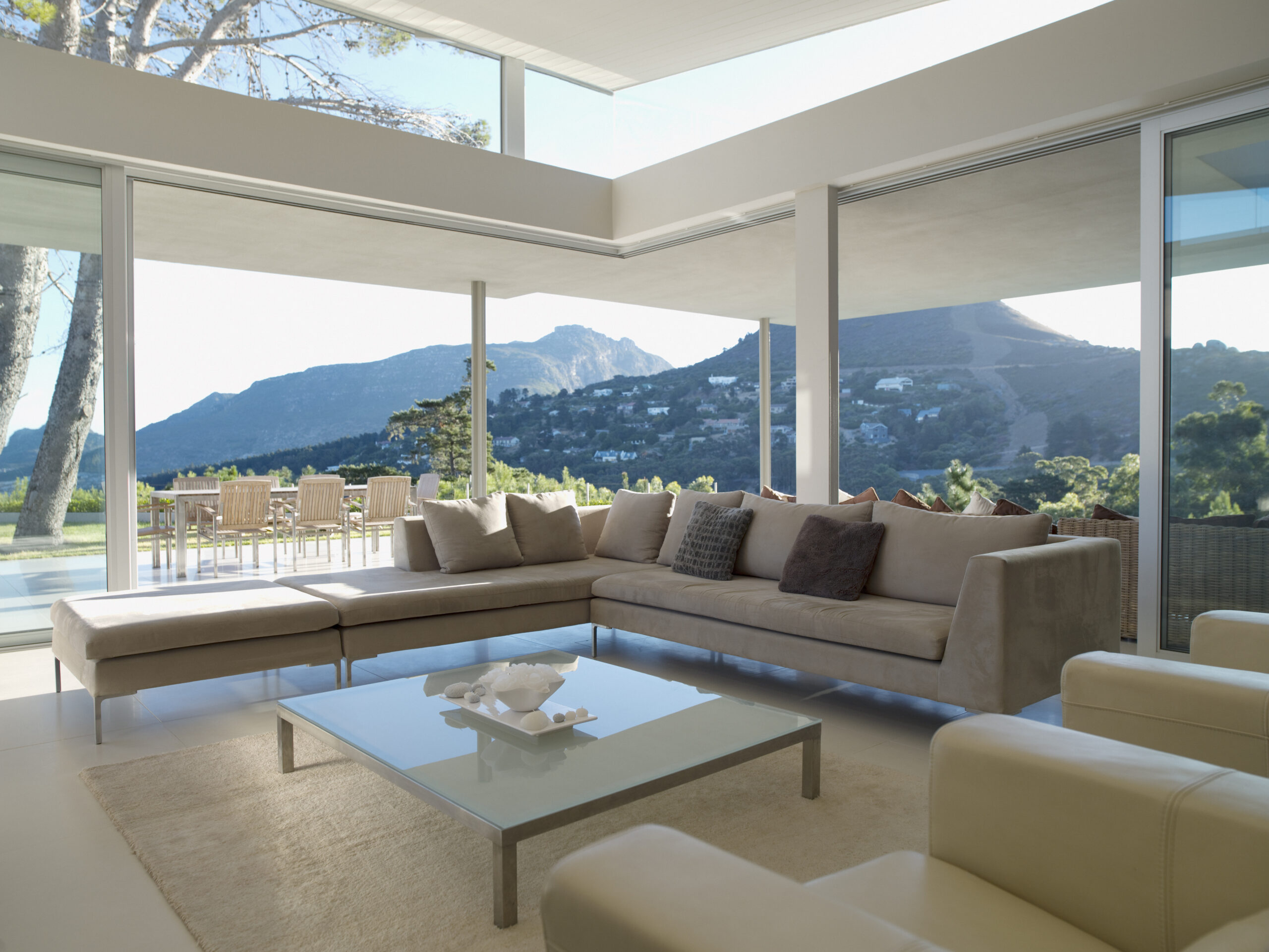 Modern living room with mountain view.